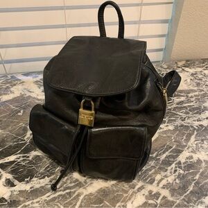 Y2K DKNY Black Leather Backpack Purse – Vintage -Front Pockets & Brass Hardware‎